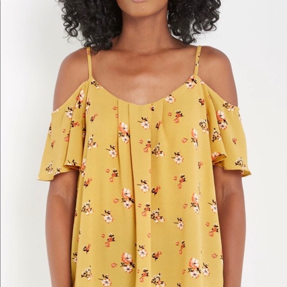 Mustard Yellow Floral Print Cold Shoulder Top - Picture 1 of 5